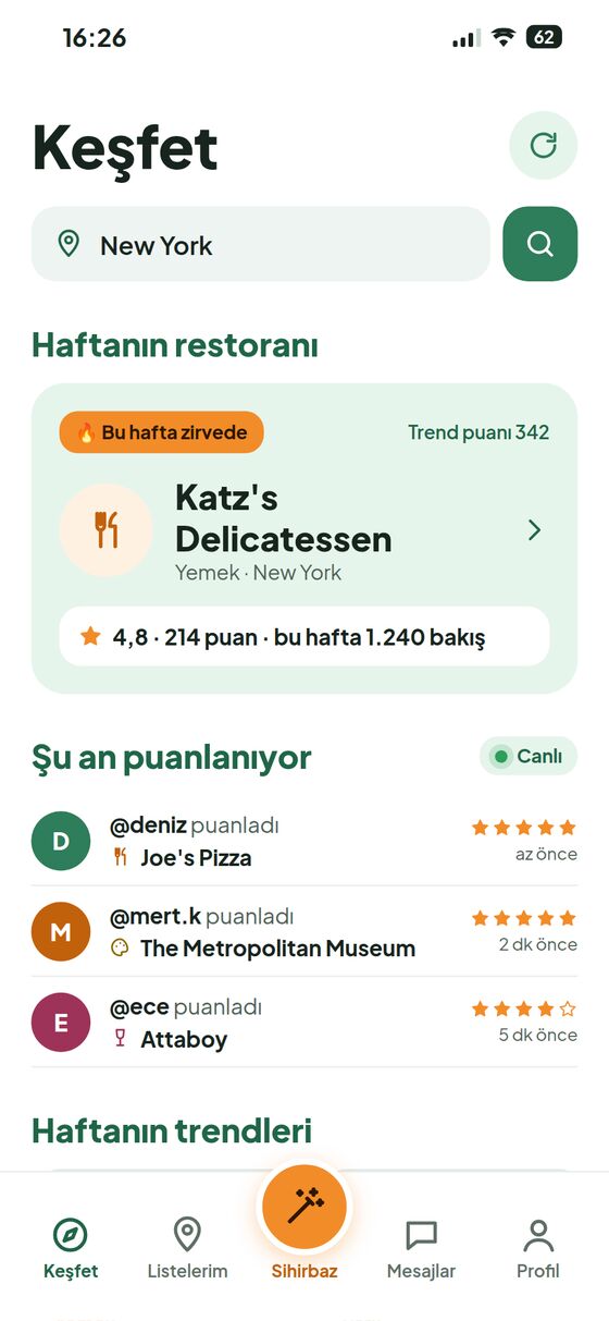 Keşfet ekranı: haftanın restoranı ve şu an puanlanan yerler